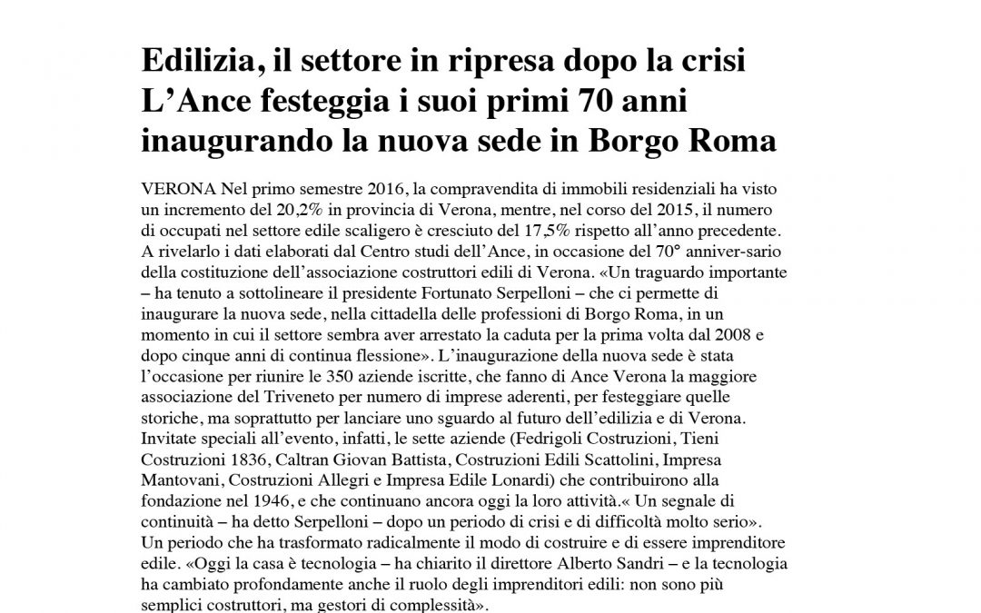 Impresa Tieni Costruzioni 1836 srl premiata in occasione dei 70 anni di ANCE Verona