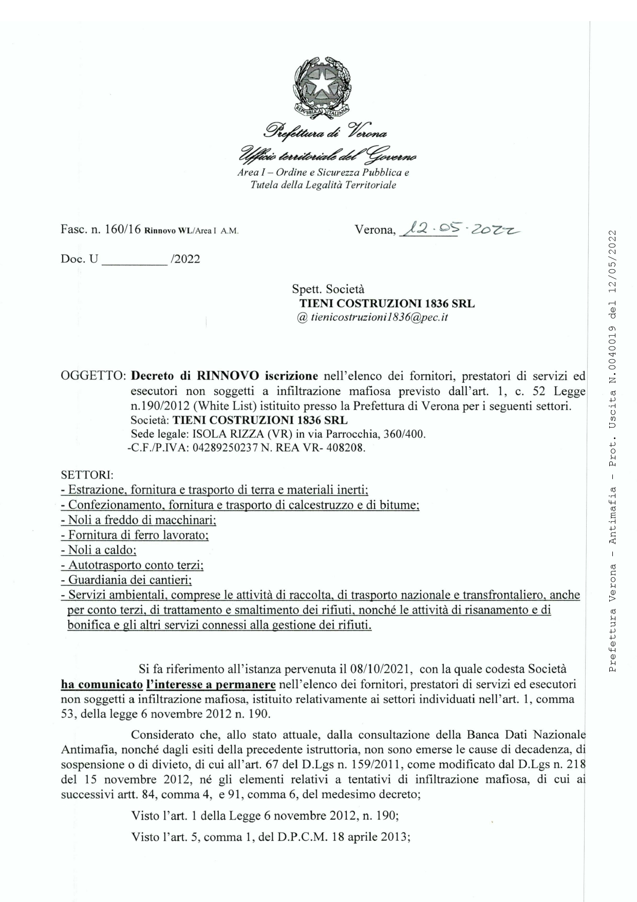 ISCRIZIONE WHITE LIST DELLA PREFETTURA DI VERONA