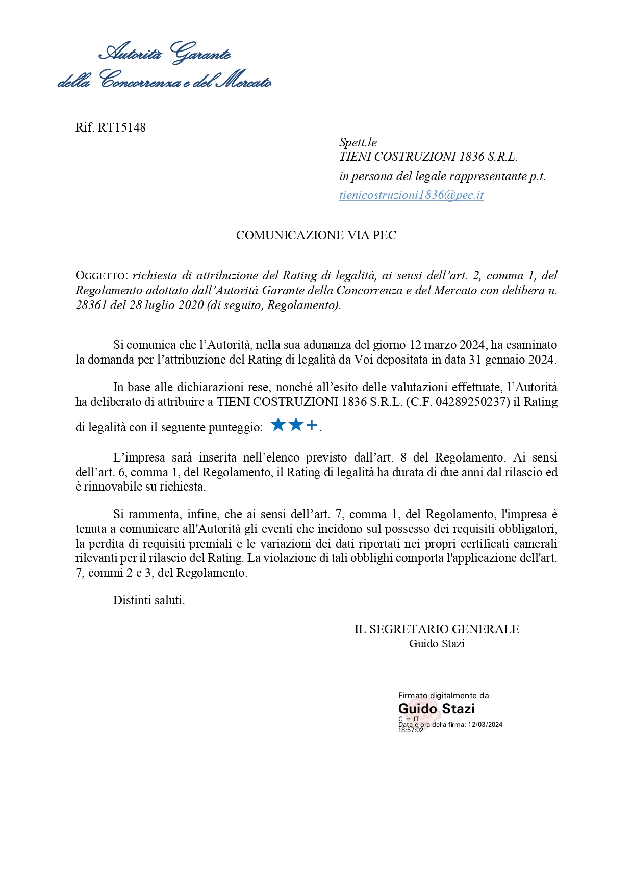 RATING DI LEGALITÀ AZIENDALE